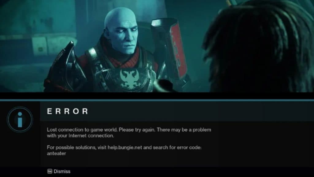 Una captura de pantalla del juego Destiny 2 que muestra el error Anteater