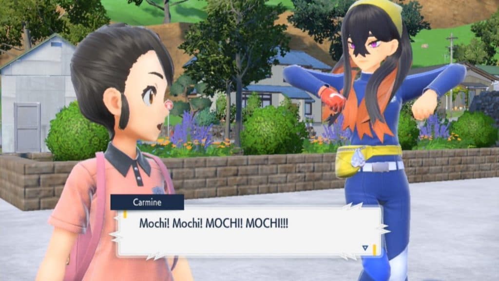 pokemon escarlata y violeta personaje dlc carmín haciendo el baile mochi mochi