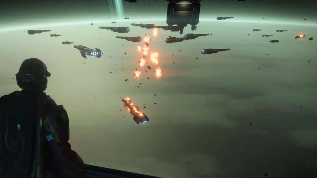 Un personaje jugador mirando una explosión en Helldivers 2.