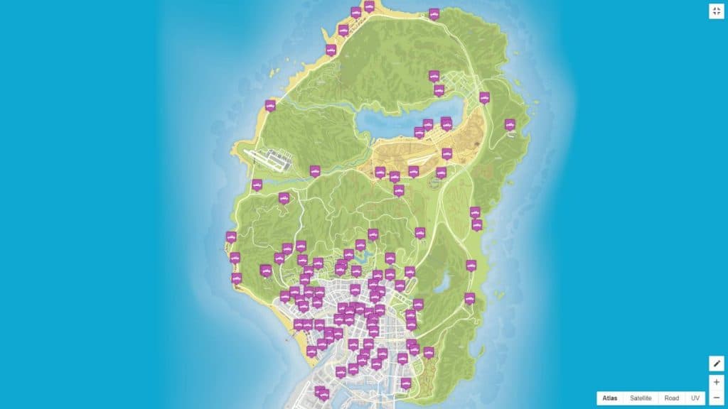 Mapa de coches con lista de exportaciones exóticas de GTA Online