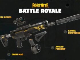 Weapon with different attachments in Fortnite.