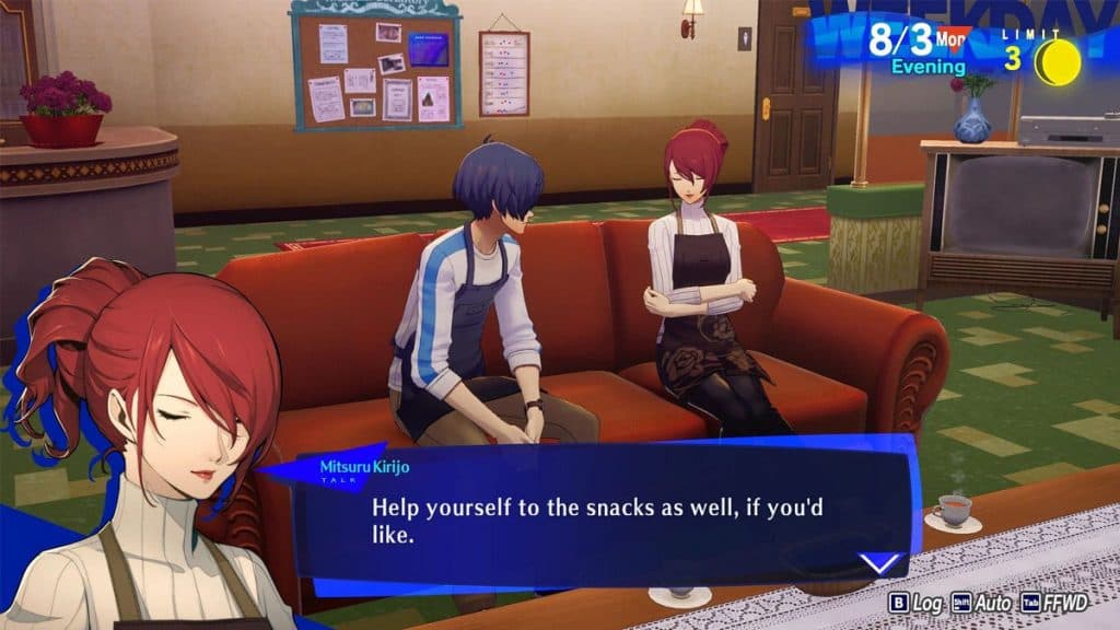 Persona 3 Reload MC y Mitsuru sentados en el dormitorio.