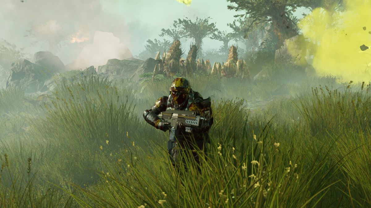 helldivers 2 character running through grass