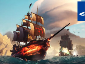 Ship gameplay in Sea of Thieves, and the PlayStation logo