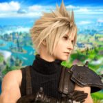 Cloud from Final Fantasy 7 Rebirth in front of Fortnite island