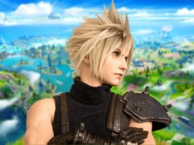 Cloud from Final Fantasy 7 Rebirth in front of Fortnite island