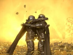 Characters hugging in Helldivers 2