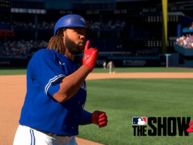 Vladimir Guerrero Jr celebrating a run in MLB The Show 24.