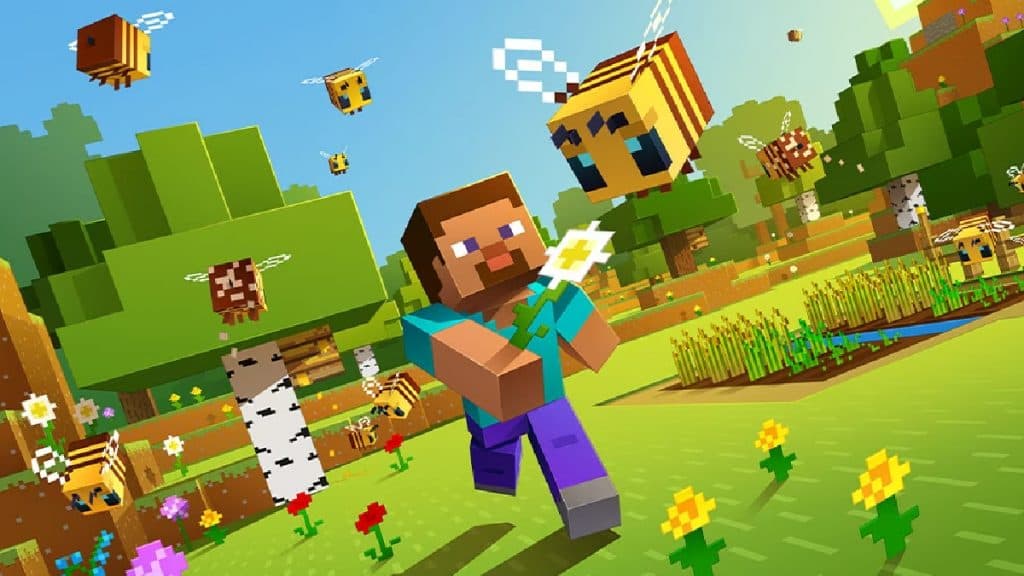 Steve de Minecraft persiguiendo una abeja