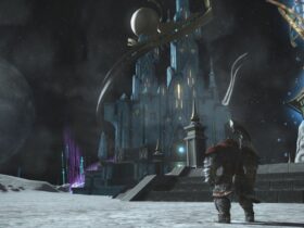 FFXIV character standing at castle entrance