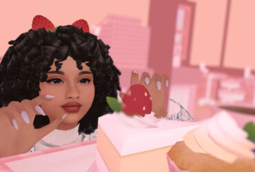 A Sim eating strawberries in Sims 4