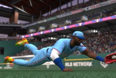 MLB The Show 24 Outfielder catching the ball