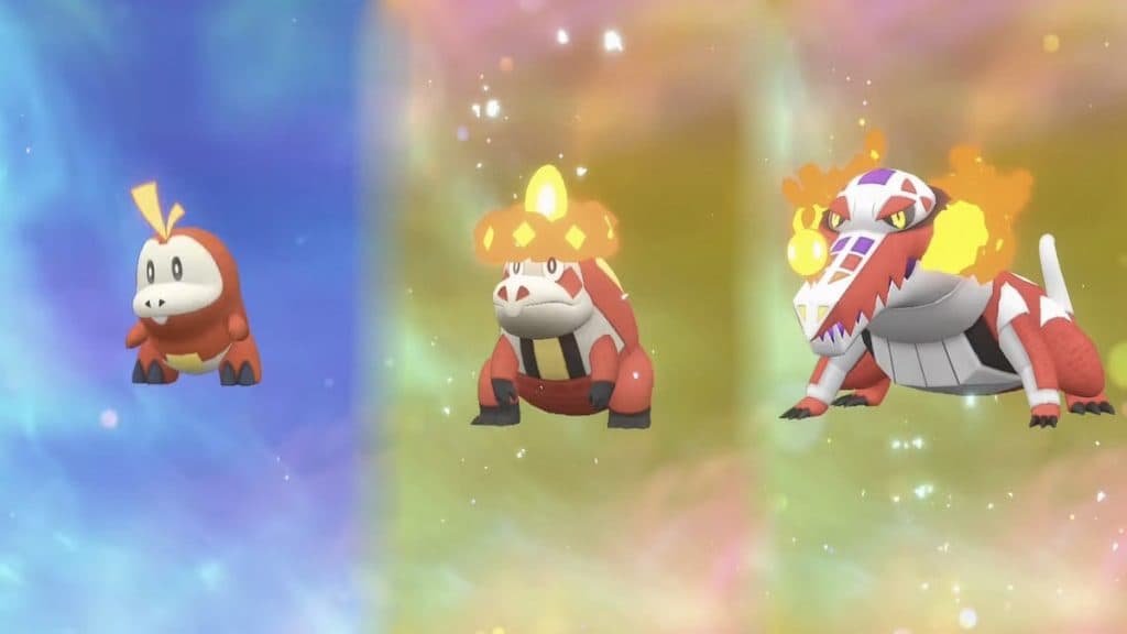 Fuecoco, Crocalor y Skeledirge en Pokémon Escarlata y Violeta.