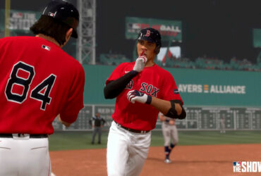 Boston Red Sox players celebrating a home run