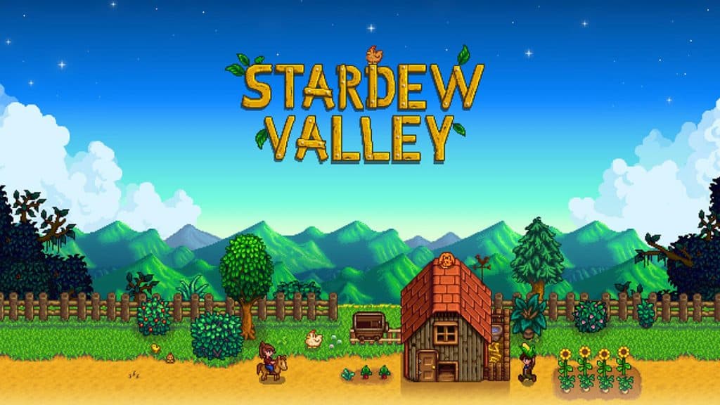 Miniatura de Stardew Valley que muestra un granero con personajes, animales y plantas al lado y el logotipo del juego en la parte superior.