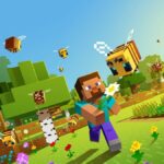 Minecraft character running in open green areas with bees and other flowers in the background