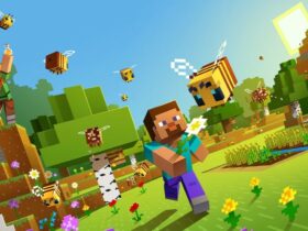 Minecraft character running in open green areas with bees and other flowers in the background