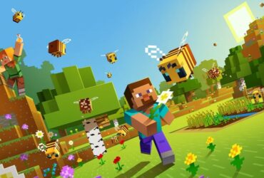 Minecraft character running in open green areas with bees and other flowers in the background