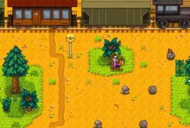 Player near a train passing in Stardew Valley