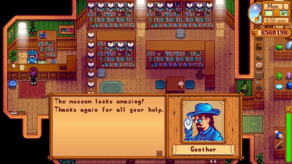 Gunther en el museo de Stardew Valley