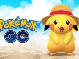 Costumed Pikachu wearing straw hat in Pokemon Go