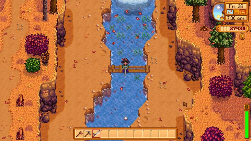 Pescando en el río en Stardew Valley