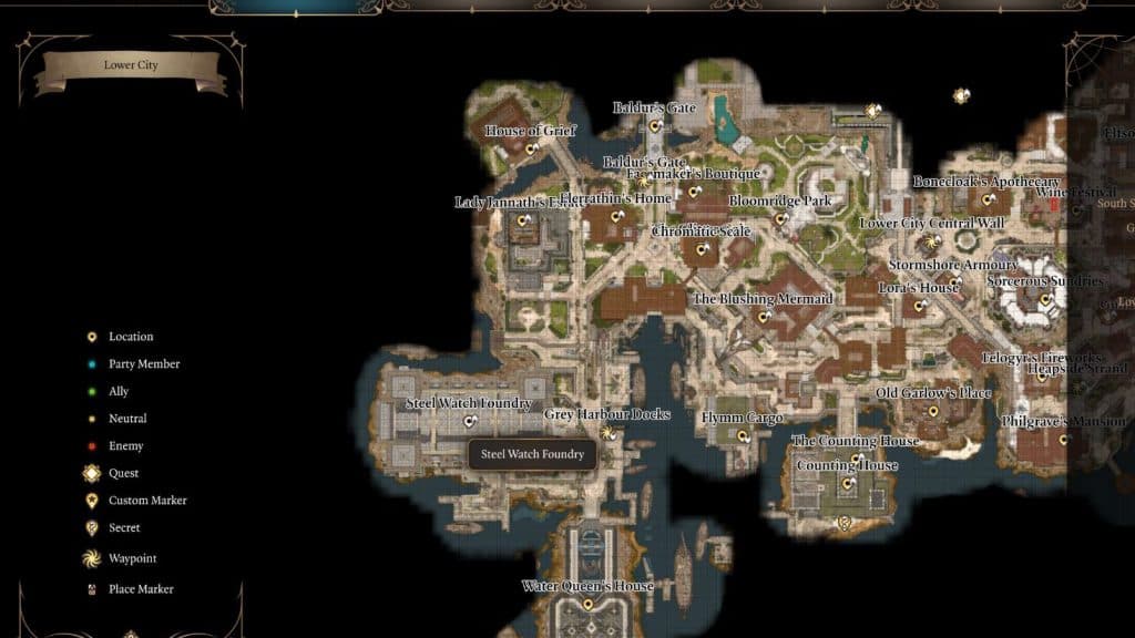 Un mapa de la Ciudad Baja en Baldur's Gate 3