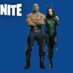 drax and mantis from guardians of the galaxy with fortnite logo and blue background