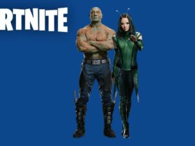 drax and mantis from guardians of the galaxy with fortnite logo and blue background