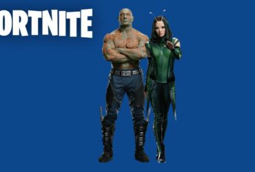 drax and mantis from guardians of the galaxy with fortnite logo and blue background