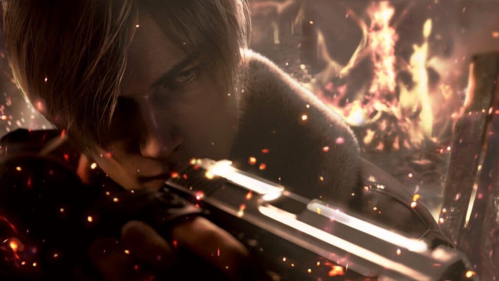 Leon Kennedy apuntando con un arma en el remake de Resident Evil 4