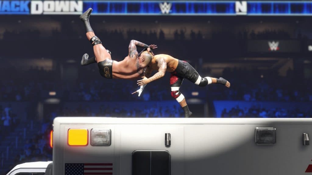 WWE2K24 luchando contra una ambulancia