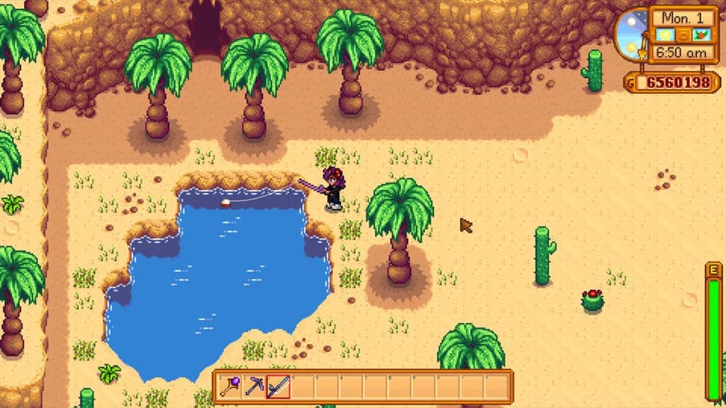 Pescando en el desierto en Stardew Valley