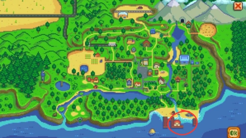 Ubicación de captura de atún blanco marcada en el mapa de Stardew Valley