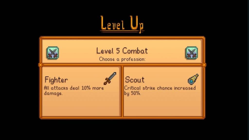 Opción de pantalla de nivel de Stardew Valley para elegir entre Scout y Fighter