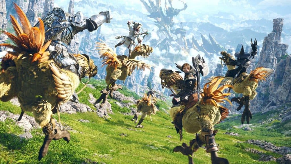 Personajes de Final Fantasy 14 montando monturas