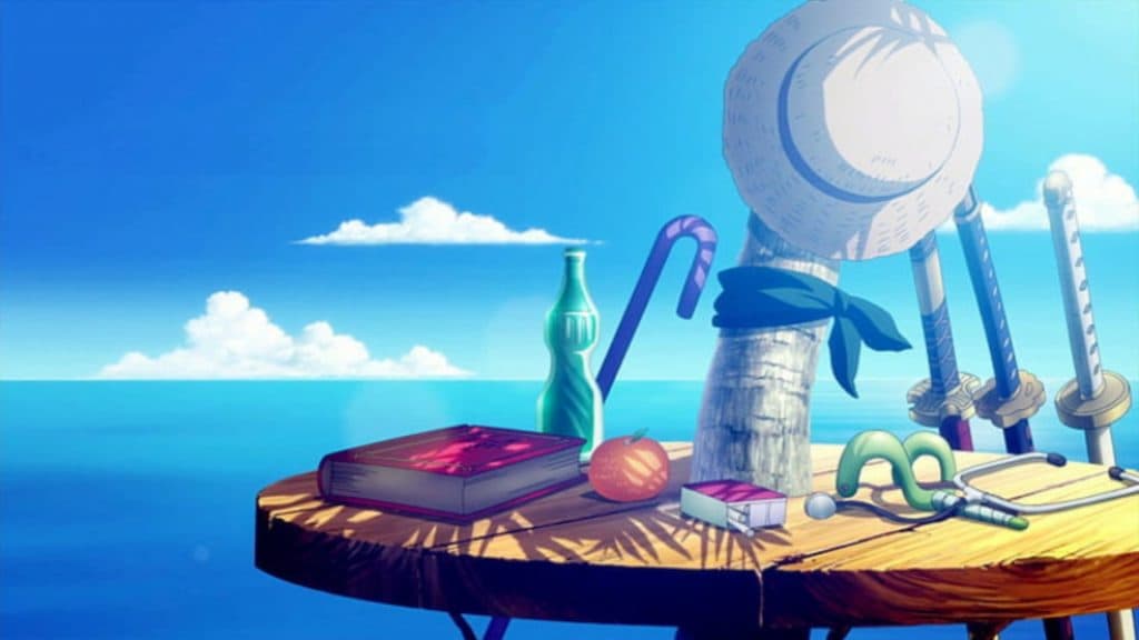 Una mesa con las pertenencias de Luffy. Mar Maldito.