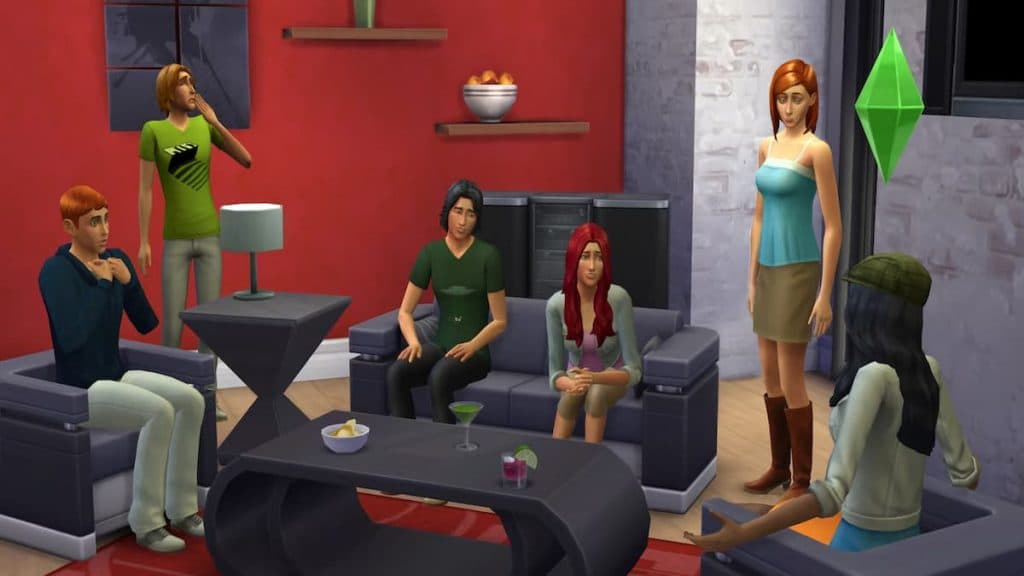 Personajes en una sala de estar en Los Sims 4.