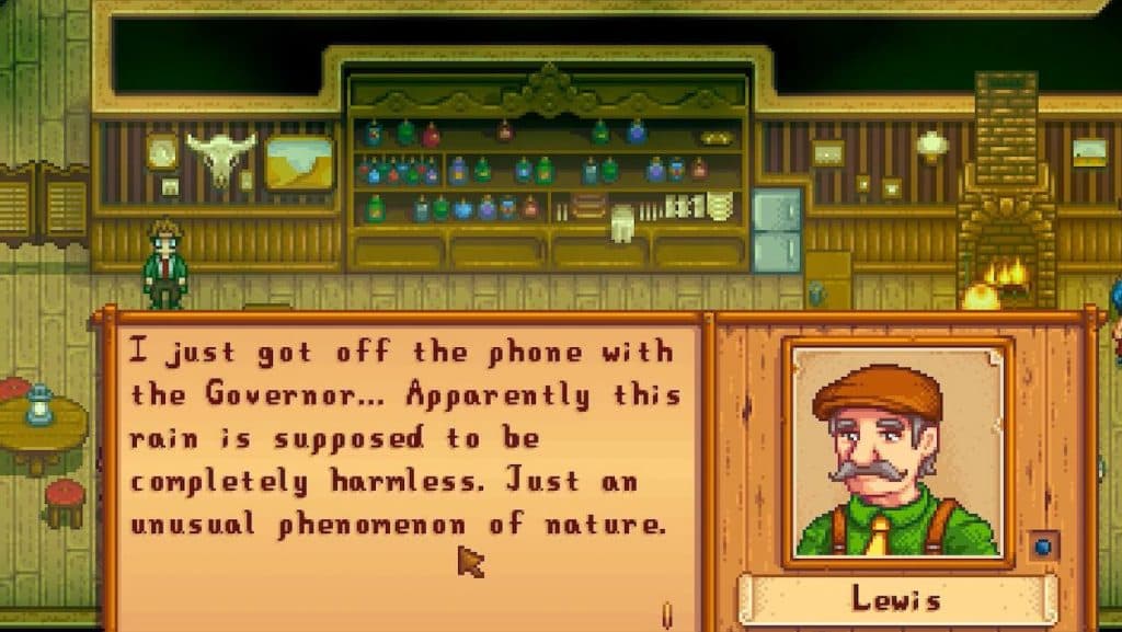 Lewis hablando en Stardew Valley