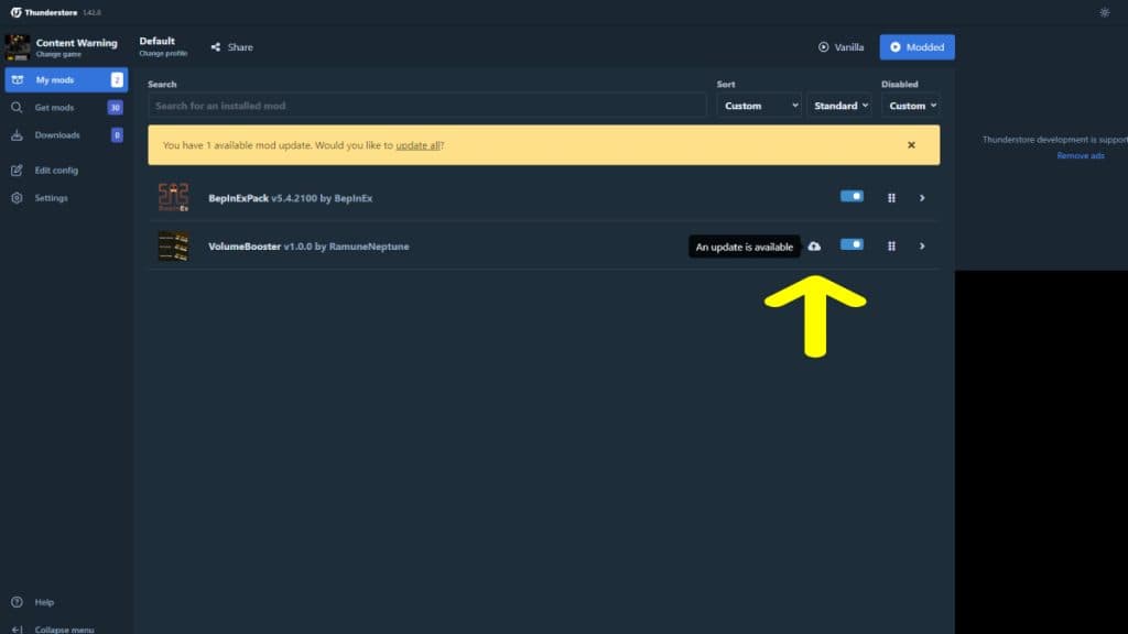 Administrador de mods de Thunderstore para advertencia de contenido